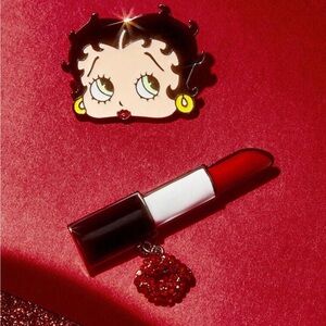 Betty Boop Red Lipstick and Cartoon Brooch Set